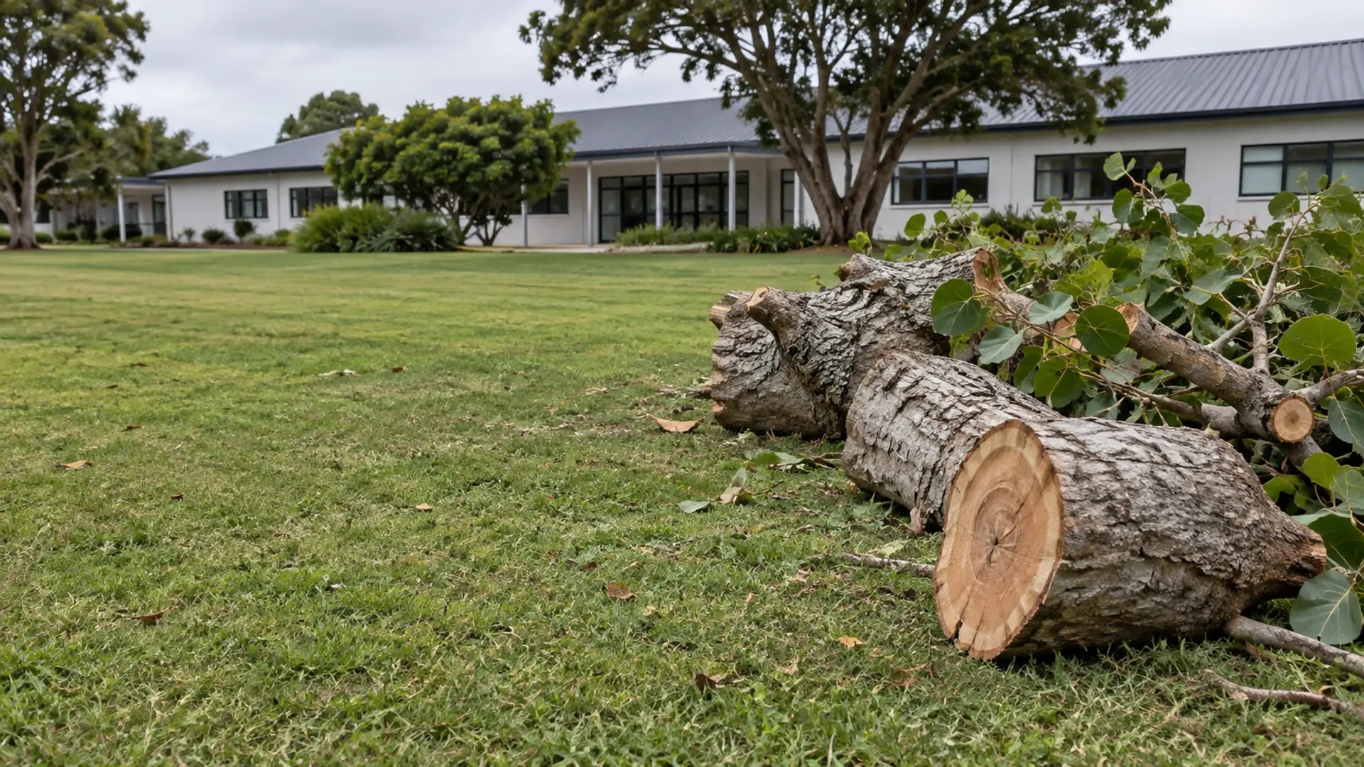 Illustrative coral tree removal with cut trunk sections on South African school grounds