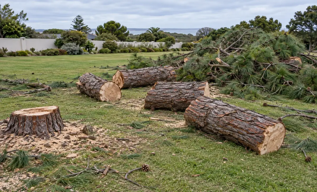 Illustration of pine trunk sections and removed branches on South African property grounds