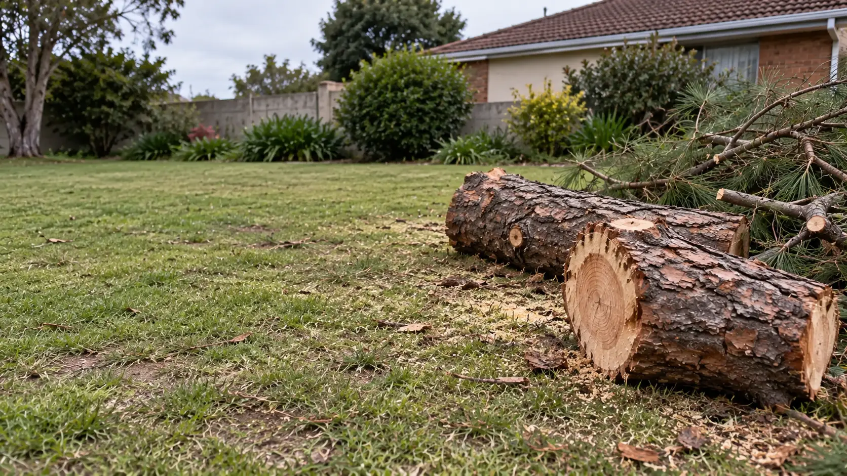Illustrative pine tree sections and detached branches in an ordinary residential garden